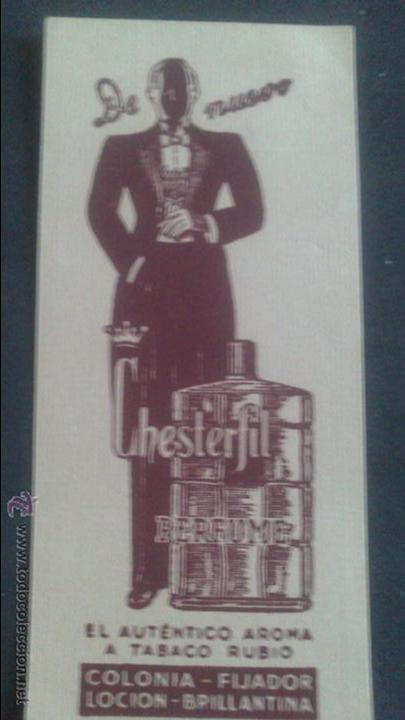 Coleccionismo de carteles: PEQUE&Ntilde;A PUBLICIDAD DE CHESTERFIL PERFUME,  EL AUTENTICO AROMA A TABACO RUBIO, COLONIA Y LOCION.