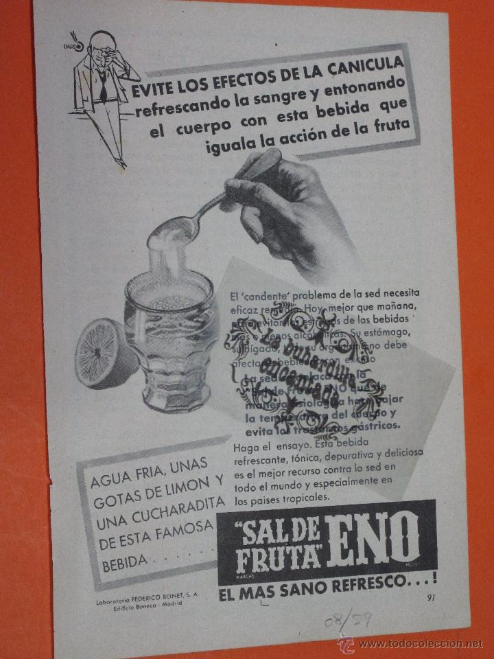 Coleccionismo de carteles: PUBLICIDAD 1959 - COLECCION COMIDAS - SAL DE FRUTAS ENO
