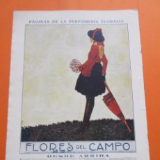Coleccionismo de carteles: PUBLICIDAD 1917 - COLECCION PERFUMES - FLORES DEL CAMPO - TRASERA MODA FEMENINA SOMBREROS. Lote 50275109