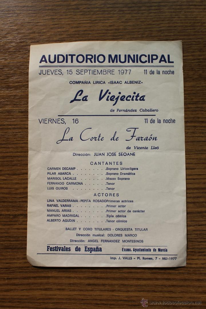 Coleccionismo de carteles: AUDITORIO MUNICIAL MURCIA 1977 COMPA&Ntilde;IA LIRICA ALBENIZ, LA VIEJECITA