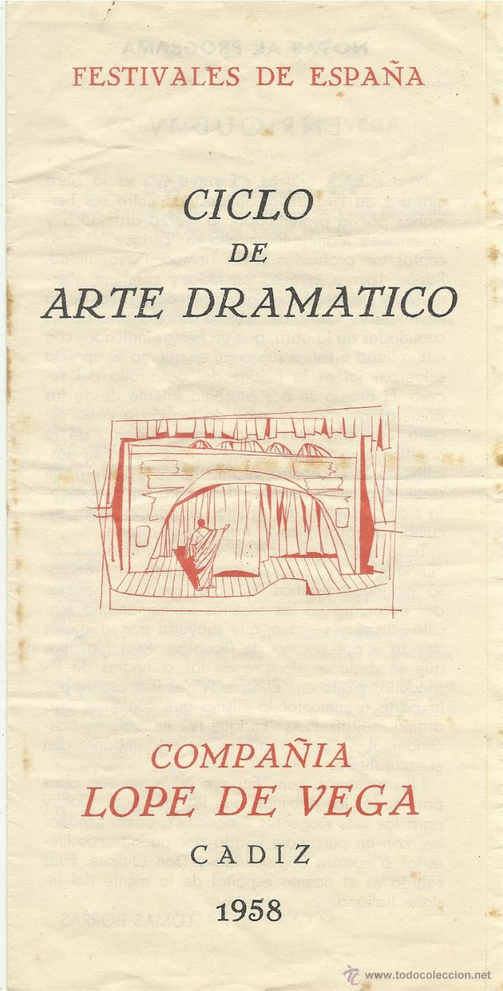 Coleccionismo de carteles: Diptico Ciclo de Arte Dramatico . Compa&ntilde;ia Lope de Vega. C&aacute;diz, 1958