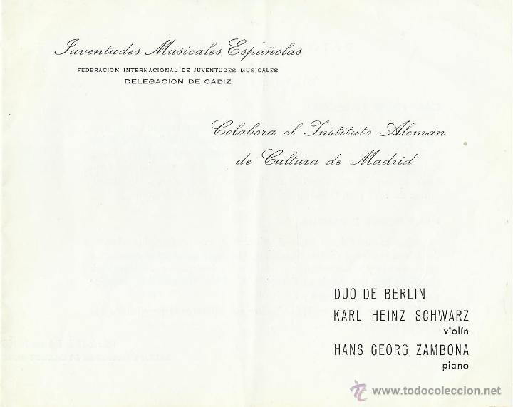 Coleccionismo de carteles: Diptico Juventudes Musicales Espa&ntilde;olas. Delegacion de C&aacute;diz. Duo de Berl&iacute;n. Viol&iacute;n y piano. 1968