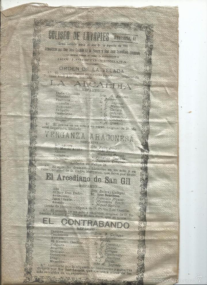 Coleccionismo de carteles: 1911 - CARTEL EN SEDA - MADRID - TEATRO - COLISEO DE LAVAPIES - 32 x 18,5 cm.