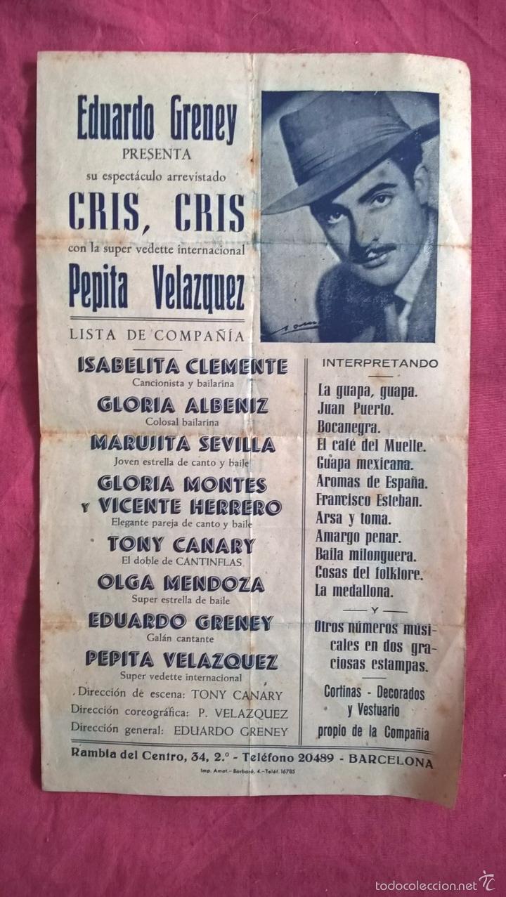 Coleccionismo de carteles: Barcelona. Programa de espect&aacute;culos. Pepita Vel&aacute;zquez - Foto 1