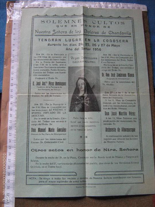Coleccionismo de carteles: BADAJOZ 1956 - CARTEL DE CULTOS DE NTRA SRA DE LOS DOLORES DE CHANDAVILA