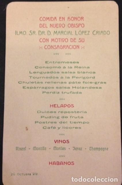 Collectionnisme d'affiches: MENU COMIDA EN HONOR DEL OBISPO MARCIAL LOPEZ CRIADO 1918