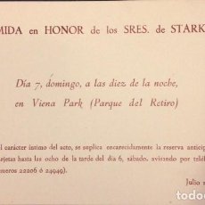 Coleccionismo de carteles: COMIDA EN HONOR DE LOS SRES. STARKIE TRES PIEZAS, RETRASO IMPREVISTO 1946, MENU
