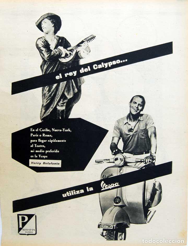 Coleccionismo de carteles: Publicidad Moto Vespa con Harry Belafonte. Original 1959. 27 x 35,5 cm.