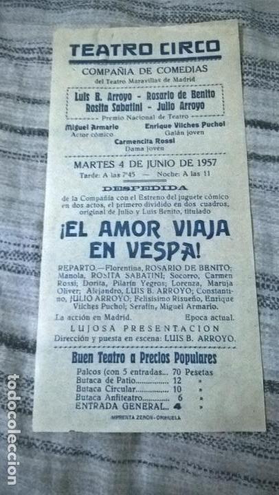 Coleccionismo de carteles: Teatro Circo. Impreso en Orihuela. 1957. El amor viaja en VESPA