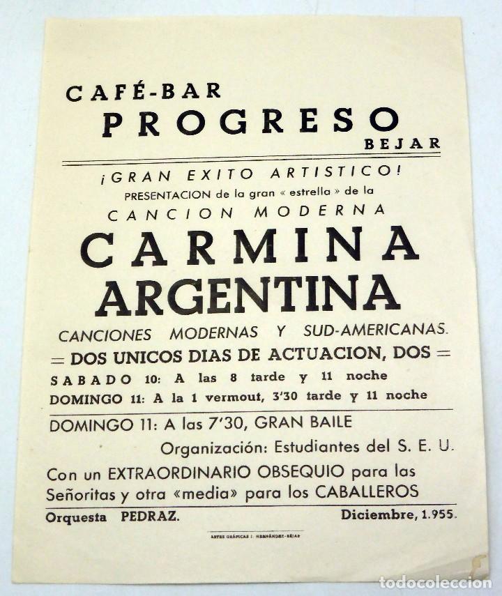 Coleccionismo de carteles: Cartel Programa espect&aacute;culo Caf&eacute; Bar Progreso B&eacute;jar Carmina Argentina 1955 - Foto 1