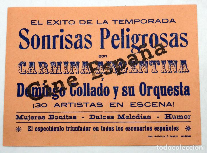 Coleccionismo de carteles: Cartel Cine Espa&ntilde;a And&uacute;jar Sonrisas Peligrosas Jos&eacute; Verd&uacute; Carmina Argentina Domingo Collado a&ntilde;os 50