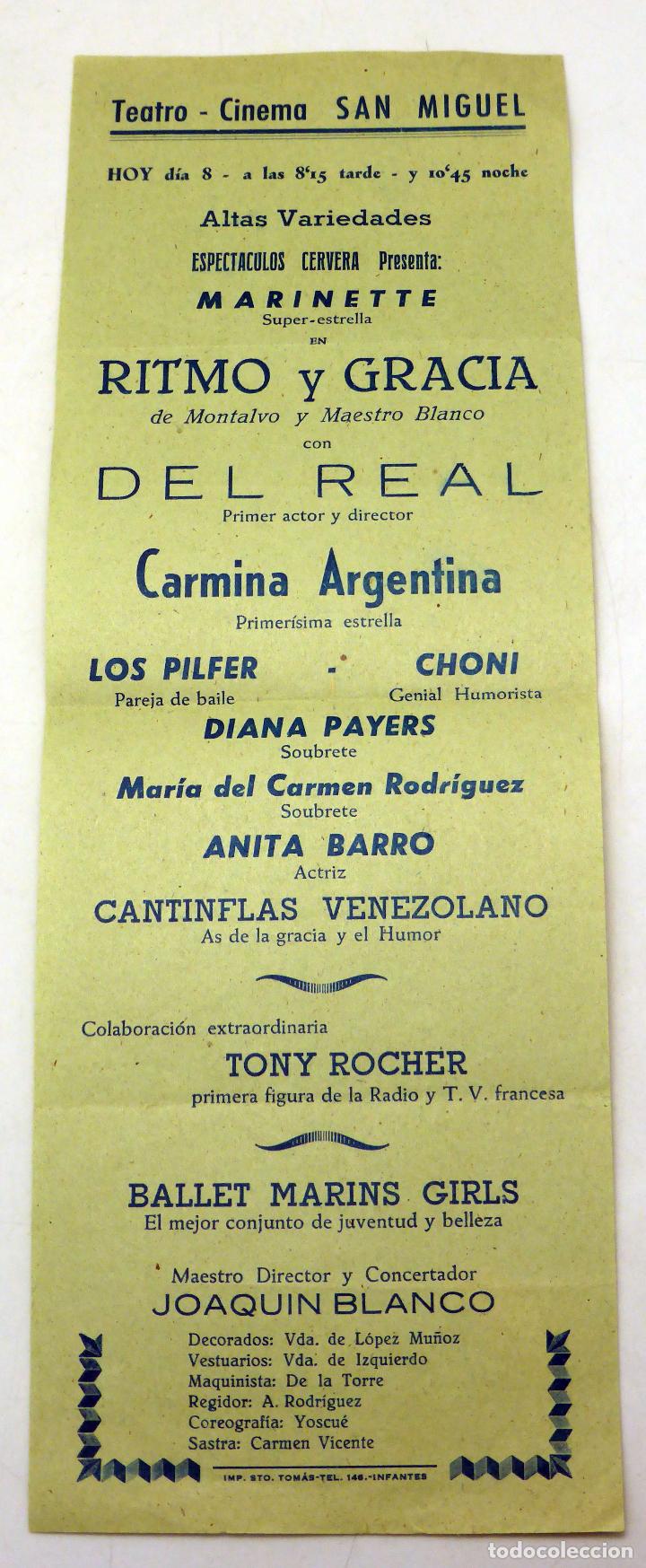 Coleccionismo de carteles: Cartel Programa Teatro Cinema San Miguel Ritmo y gracia Marinette Carmina Argentina a&ntilde;os 50