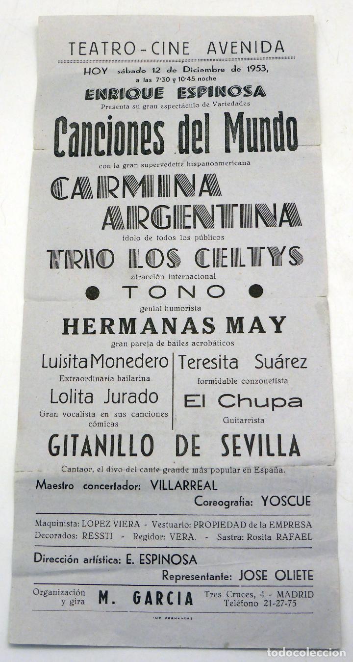 Coleccionismo de carteles: Cartel Programa Teatro Cine Avenida Canciones del Mundo Carmina Argentina Los Celtys 1953