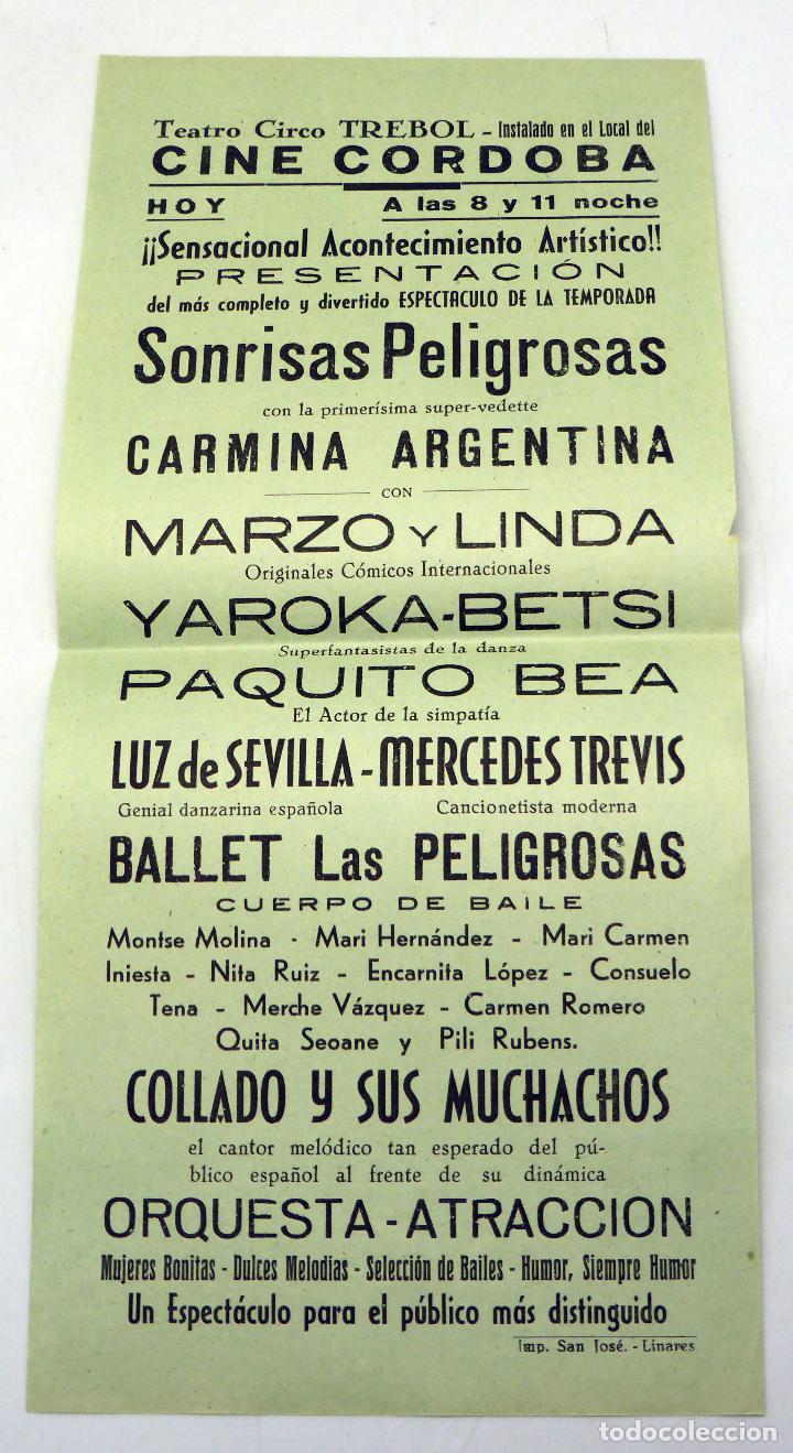 Coleccionismo de carteles: Cartel Programa Teatro Circo Tr&eacute;bol Cine C&oacute;rdoba Sonrisas Peligrosas Carmina Argentina a&ntilde;os 50