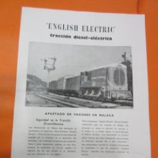 Coleccionismo de carteles: PUBLICIDAD 1951 - FERROCARRIL - MALAGA APARTADO VAGONES LOCOMOTORA ENGLISH ELECTRIC - RENFE TREN