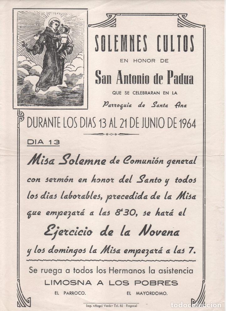 Coleccionismo de carteles: Antiguo Cartel en honor San Antonio de Padua.Parroqui Santa Ana. Fregenal de la Sierra A&ntilde;o 1964