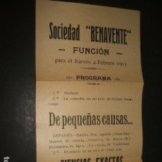 Coleccionismo de carteles: CARTAGENA MURCIA CARTEL SOCIEDAD BENAVENTE FUNCION 2 DE FEBRERO DE 1911 11 X 32 CMTS. Lote 109817199