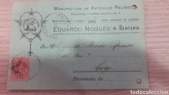 Coleccionismo de carteles: 1917 Renteria Guipuzcua Eduardo Nogues articulos religiosos dirijida a Lugo