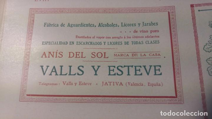 Coleccionismo de carteles: ANIS DEL SOL FABRICA DE AGUARDIENTES ALCOHOLES LICORES JARABES VALLS Y ESTEVE JATIVA HOJA A&Ntilde;O 1904