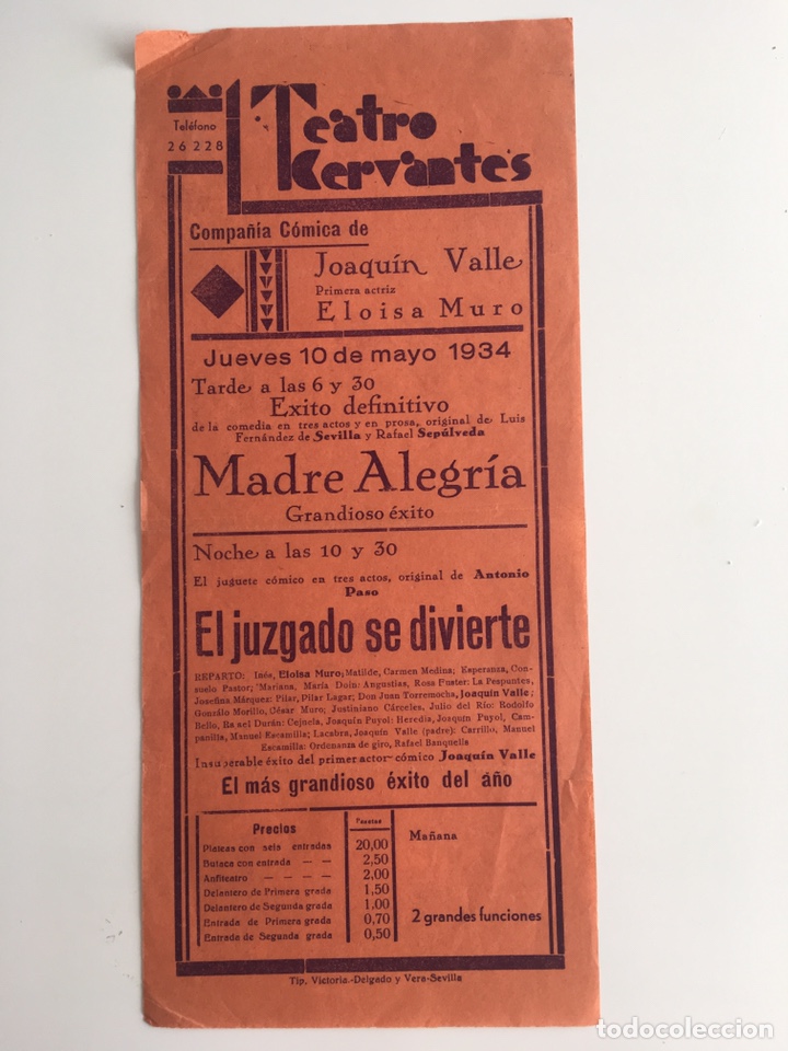 Poster collecting: Cartel Teatro Cervantes Madre Alegr&iacute;a El juzgado se divierte 1934