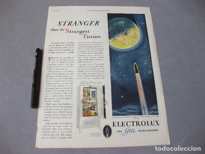 Collectionnisme d'affiches: HOJA PUBLICITARIA DE REFRIGERADORES ELECTROLUX ON UN DIBUJO DE LA TIERRA A LA LUNA
