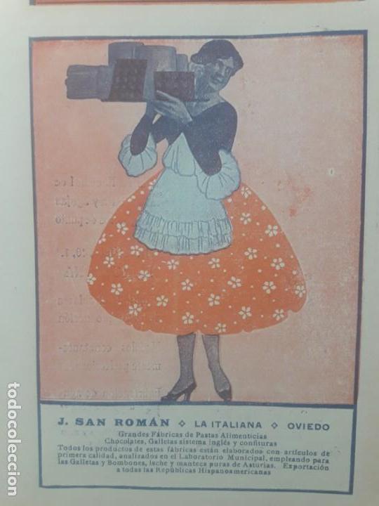 Collezionismo di affissi: J.SAN ROMAN LA ITALIANA OVIEDO GRANDES FABRICAS PASTAS ALIMENTICIAS CHOCOLATES GALLETA HOJA A&Ntilde;O 1920