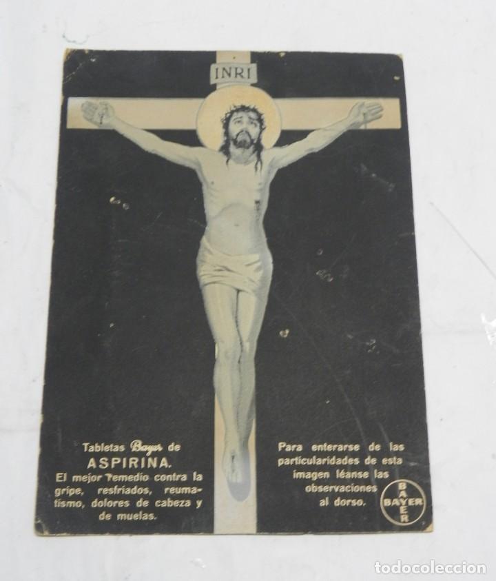 Sammeln von Plakaten: TARJET&Oacute;N PUBLICITARIO DE TABLETAS BAYER DE ASPIRINA. FARMACIA. IMAGEN DE CRISTO CRUCIFICADO. A&Ntilde;OS 50