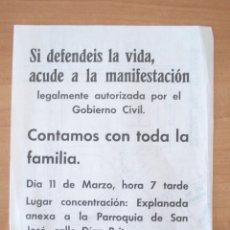 Coleccionismo de carteles: PANFLETO MANIFESTACION PRO-DEFENSA DE LA VIDA EN BADAJOZ. AÑOS 80.