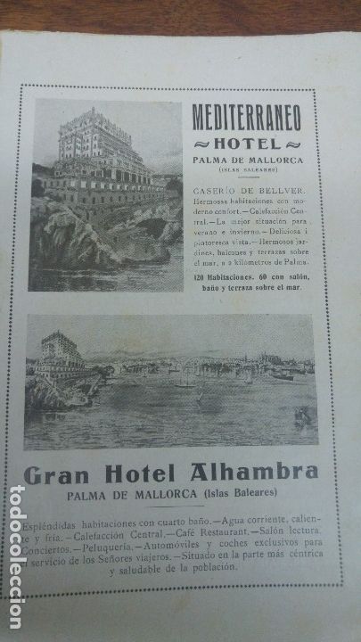 Sammeln von Plakaten: MEDITERRANEO HOTEL Y GRAN HOTEL ALHAMBRA PALMA DE MALLORCA ISLAS BALEARES .HOJA REVISTA A&Ntilde;O 1928