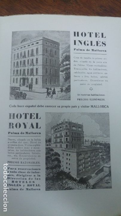Collezionismo di affissi: HOTEL INGLES Y HOTEL ROYAL PALMA DE MALLORCA ISLAS BALEARES VISITAR MALLORCA HOJA A&Ntilde;O 1928