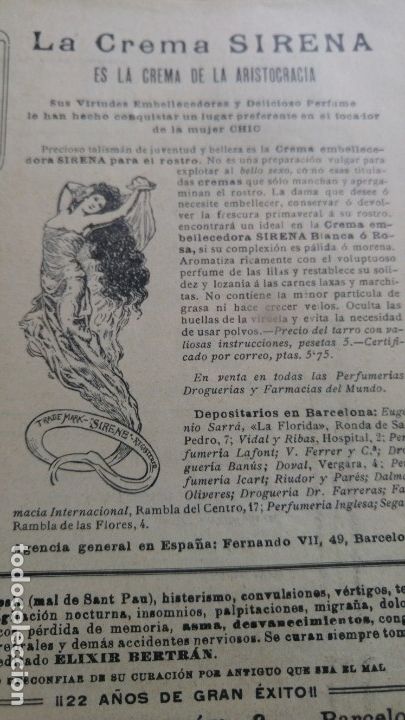 Sammeln von Plakaten: LA CREMA SIRENA LA REMA DE LA ARISTOCRACIA EMBELLECEDORA PARA ROSTRO HOJA PUBLICIDAD A&Ntilde;O 1911