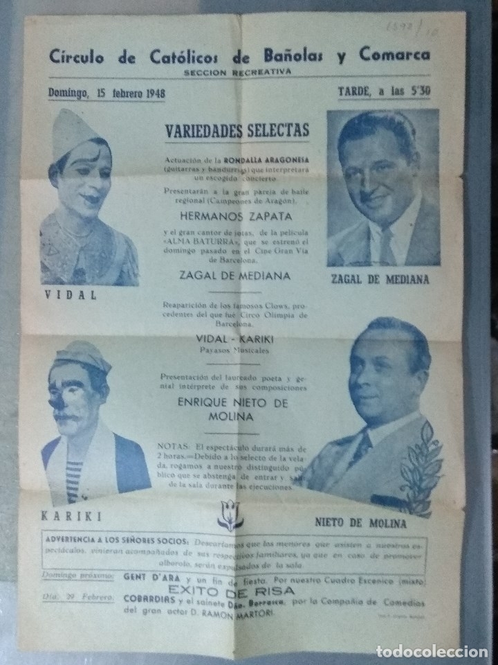 Coleccionismo de carteles: PROGRAMA ACTOS CIRCULO DE CATOLICOS DE BA&Ntilde;OLAS (CARTELITO). 1948. - Foto 1