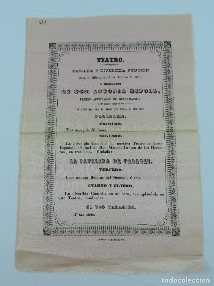 Sammeln von Plakaten: CARTEL EN SEDA DE TEATRO EN VALLADOLID, 14 FEBRERO 1849. A BENEFICIO DE DON ANTONIO RIPPOL, IMP. SAN