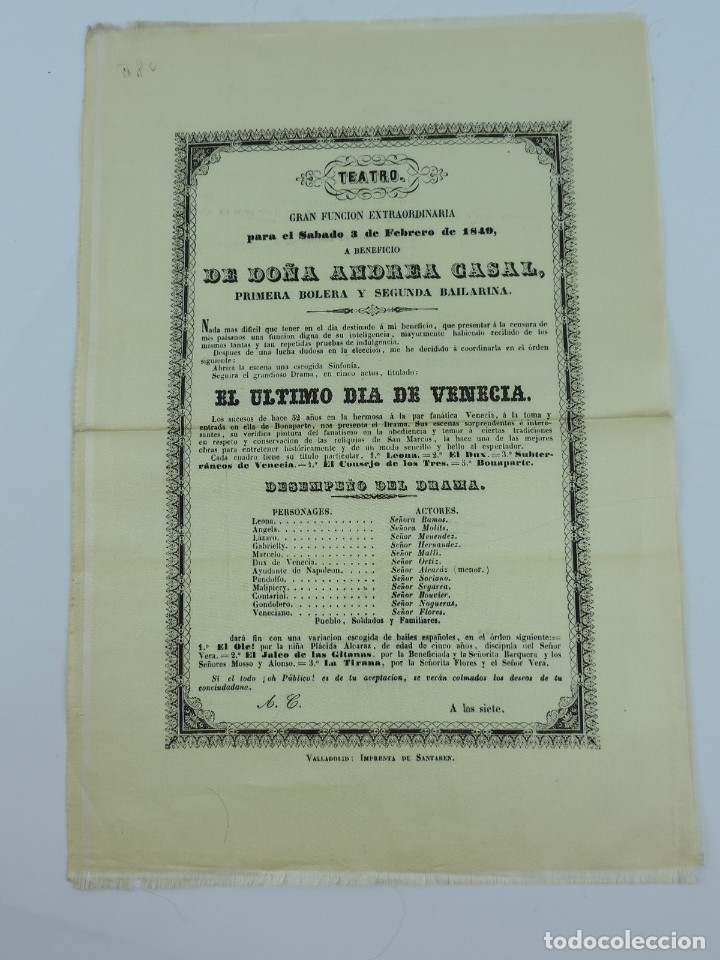 Collectionnisme d'affiches: CARTEL EN SEDA DE TEATRO EN VALLADOLID, 14 FEBRERO 1849. A BENEFICIO DE DON ANTONIO RIPPOL, IMP. SAN