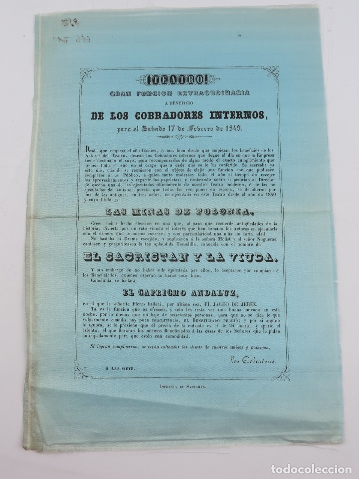 Sammeln von Plakaten: CARTEL EN SEDA DE TEATRO EN VALLADOLID, 17 FEBRERO 1849. A BENEFICIO DE LOS COBRADORES INERNOS, IMP.