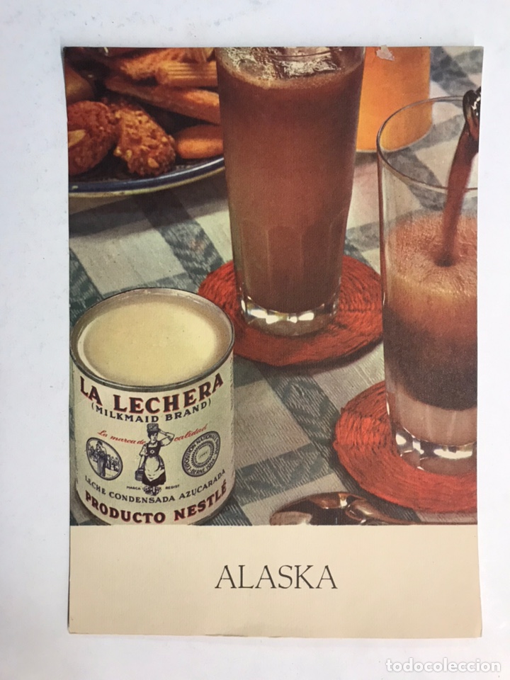 Coleccionismo de carteles: PUBLICIDAD: LA LECHERA. Recetas: Alaska. (h.1960?) MEDIDAS: 19,5 x 13,5 cm.,