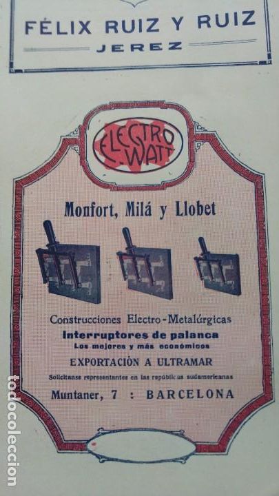 Collezionismo di affissi: ELECTRO WATT MONFORT,MILA Y LLOBET INTERRUPTORES DE PALANCA BARCELONA HOJA A&Ntilde;O 1920