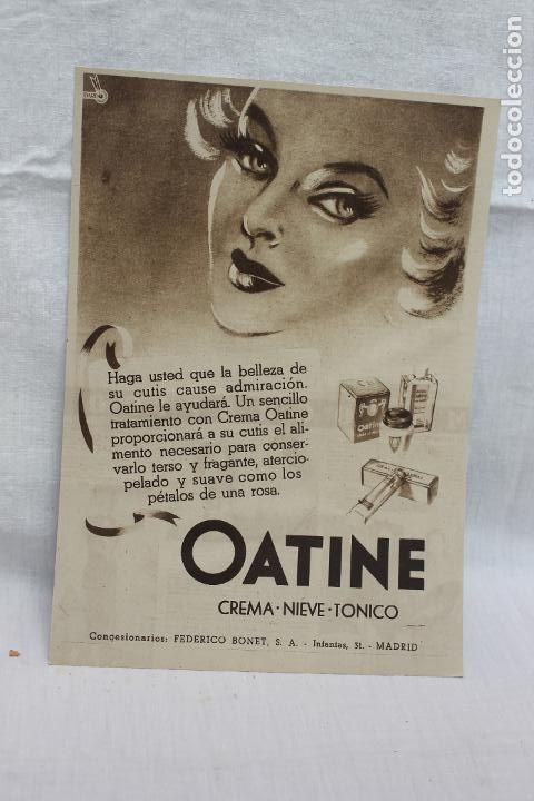 Coleccionismo de carteles: HOJA PUBLICIDAD CREMA OATINE, NIEVE TONICO, , MADRID.N, A&Ntilde;OS 30
