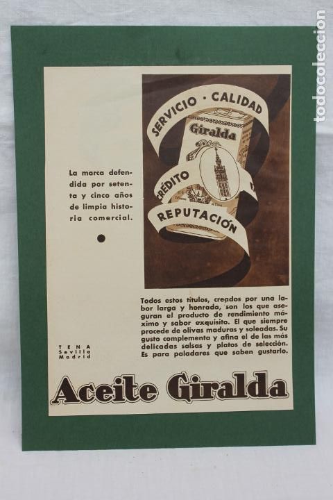 Coleccionismo de carteles: HOJA PUBLICIDAD ACEITE GIRALDA, TENA, SEVILLA, MADRID, A&Ntilde;OS 30