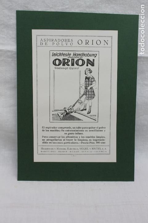 Coleccionismo de carteles: HOJA PUBLICIDAD ASPIRADORES DE POLVO ORION VOGEL Y MATAS S.A., A&Ntilde;OS 30