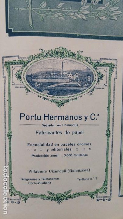 Collezionismo di affissi: FABRICANTES DE PAPEL PORTU HERMANOS Y C&ordf; CROMOS EDITORIALES VILLABONA CIZURQUIL HOJA A&Ntilde;O 1920