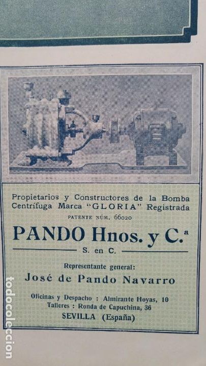 Collezionismo di affissi: BOMBA CENTRIFUGA MARCA GLORIA PANDO HERMANOS Y C&ordf; JOSE DE PANDO NAVARRO SEVILLA. HOJA A&Ntilde;O 1920