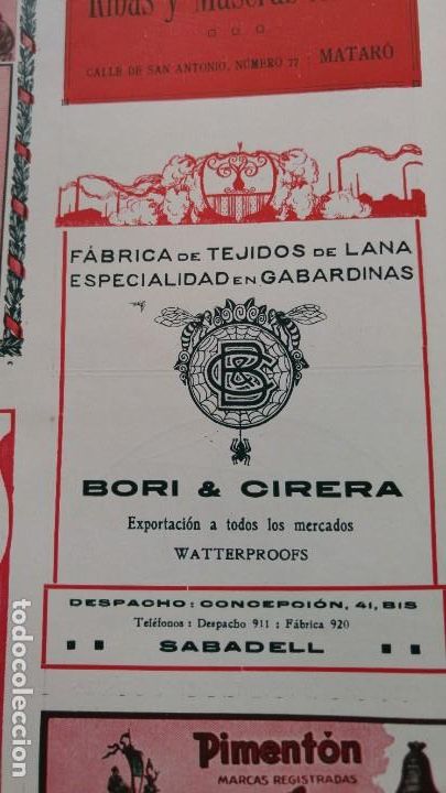 Collezionismo di affissi: FABRICA TEJIDOS LANA GABARDINAS BORI & CIRERA WATTERPROOFS SABADELL HOJA A&Ntilde;O 1920