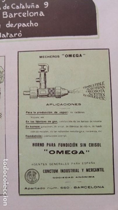 Collezionismo di affissi: HORNO PARA LA FUNDICION SIN CRISOL OMEGA MECHEROS BARCELONA HOJA PUBLICIDAD A&Ntilde;O 1920