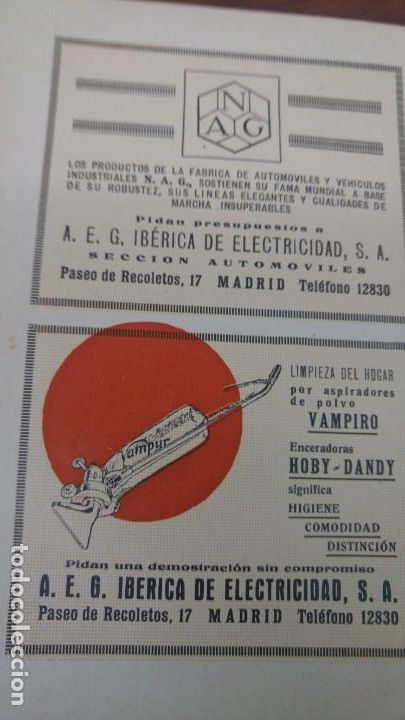 Sammeln von Plakaten: A.E.G IBERICA DE ELECTRICIDAD ASPIRADORES POLVO VAMPIRO ENCERADORAS MADRID HOJA PUBLICIDAD A&Ntilde;O 1929