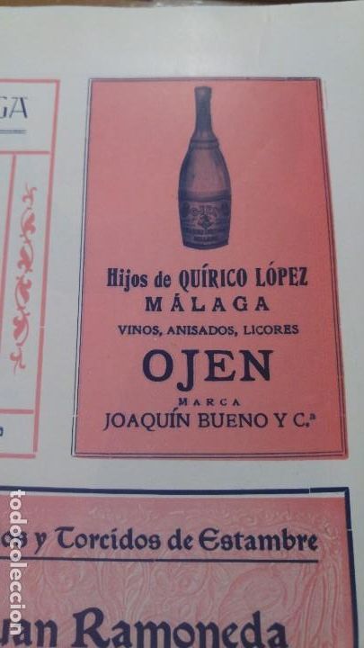 Colecionismo de cartazes: VINOS ANISADOS LICORES OJEN HIJOS QUIRICO LOPEZ MALAGA MARCA JOAQUIN BUENO Y COMPA&Ntilde;IA HOJA A&Ntilde;O 1920