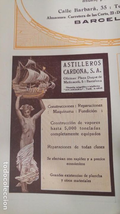 Collezionismo di affissi: ASTILLEROS CARDONA S.A. CONSTRUCCION VAPORES MAQUINARIA BARCELONA HOJA A&Ntilde;O 1920