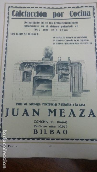 Sammeln von Plakaten: CALEFACCION POR COCINA CASA JUAN MEAZA BILBAO HOJA A&Ntilde;O 1926