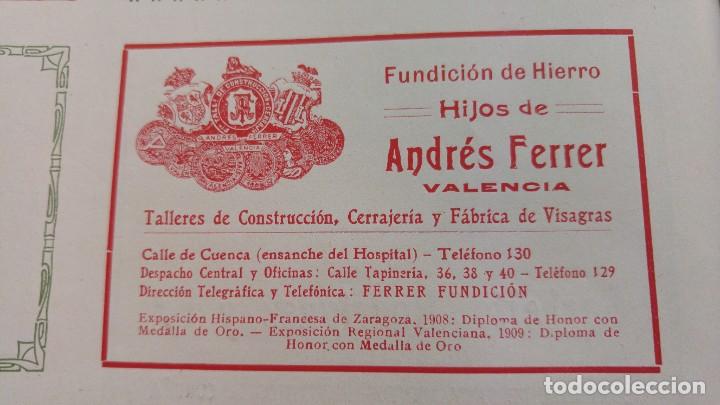 Coleccionismo de carteles: FUNDICION DE HIERRO HIJOS DE ANDRES FERRER VALENCIA TALLERES CERRAJERIA VISAGRAS HOJA A&Ntilde;O 1910