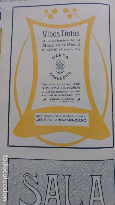 Collezionismo di affissi: VINOS TINTOS DE LOS HEREDEROS DEL MARQUES DE RISCAL EL CIEGO ALAVA HOJA PUBLICIDAD A&Ntilde;O 1906